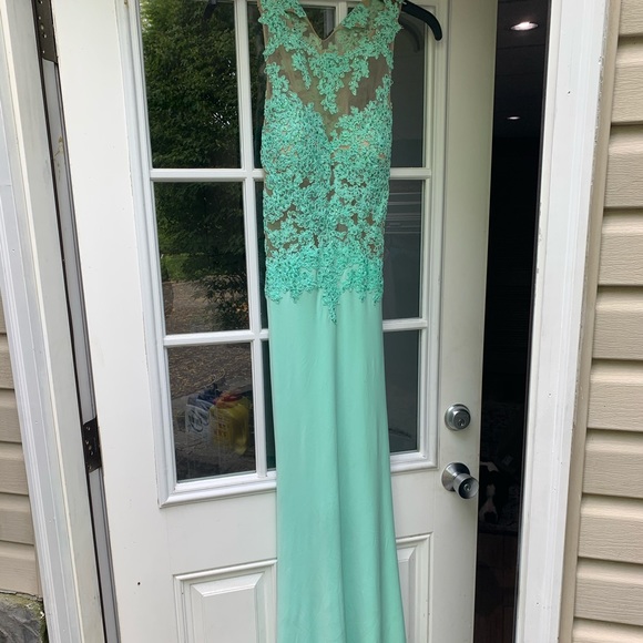 Madison James teal/turquoise prom dress w/ sequins - Picture 2 of 5